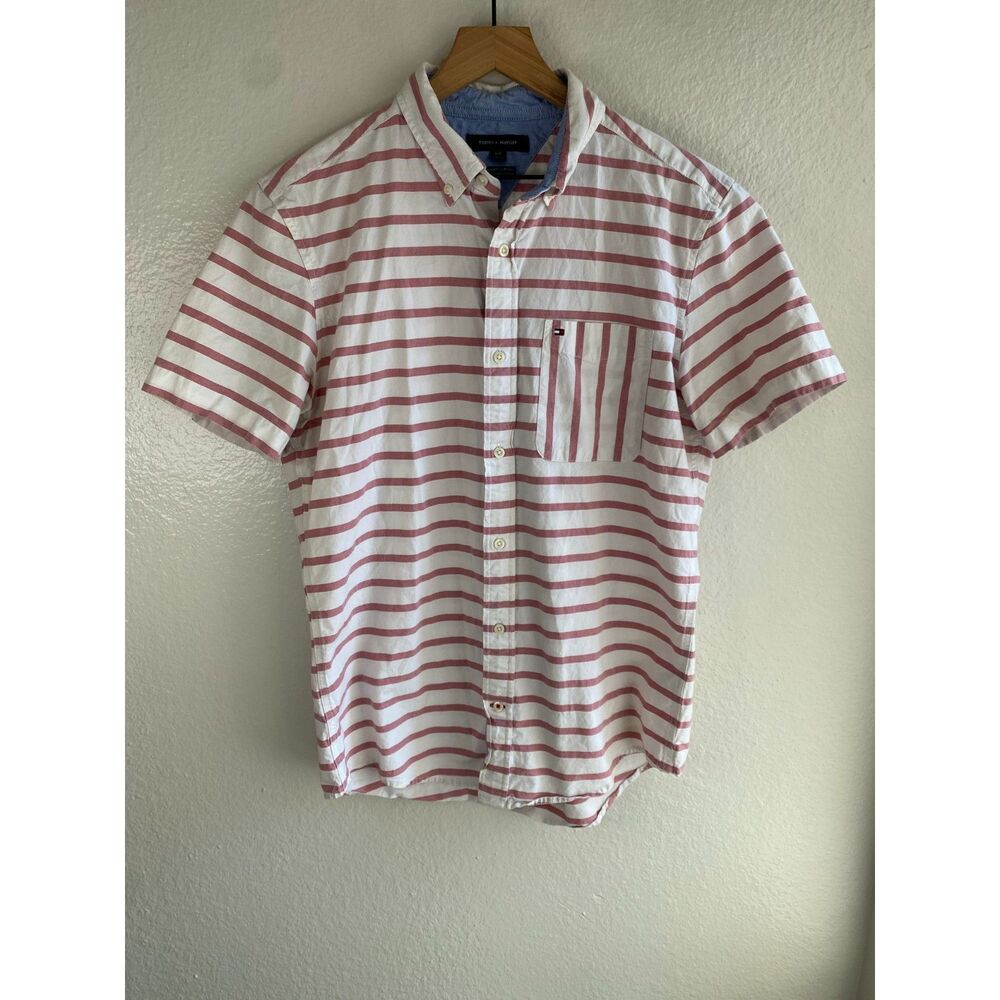 Tommy Hilfiger Mens Large Regular Fit Stretch Red White Striped Short Sleeve